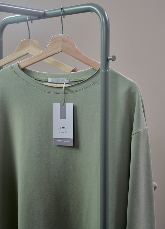Close-up of a green shirt on a hanger with label tag on a minimalist clothing rack.